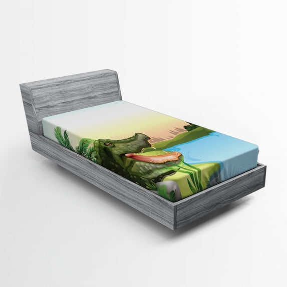 Ambesonne Reptile Fitted Sheet, Palms Crocodiles Humor, Twin Size, Green Blue