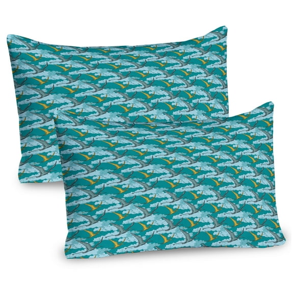 Ambesonne Reptile Pillow Sham 2 Pack, Flying Pteranodon Jurassic, 26"x20", Blue and Teal