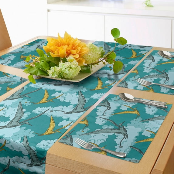 Ambesonne Reptile Table Runner & Placemats, Flying Pteranodon Jurassic, Placemat 4 pcs + Runner 14"x72", Blue and Teal