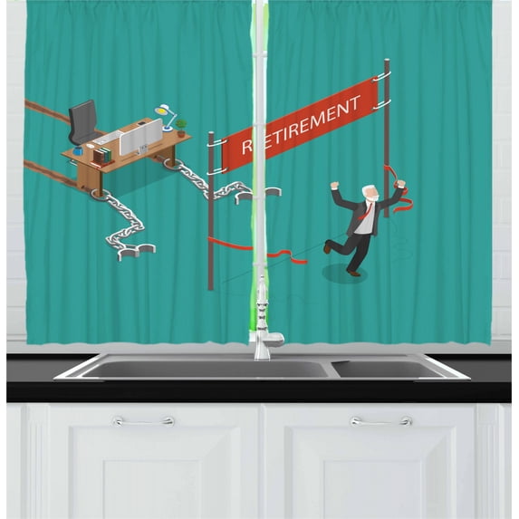 Ambesonne Retirement Kitchen Curtains, Man Breaks Free Desk, 55"x39", Multicolor