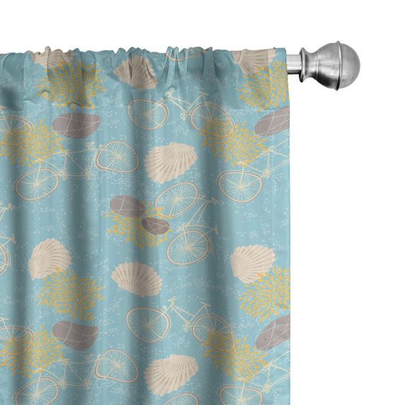 Ambesonne Retro 4-Panel Curtains, Bicycles Seashells Pebbles, 56"x84", Pale Teal Mustard