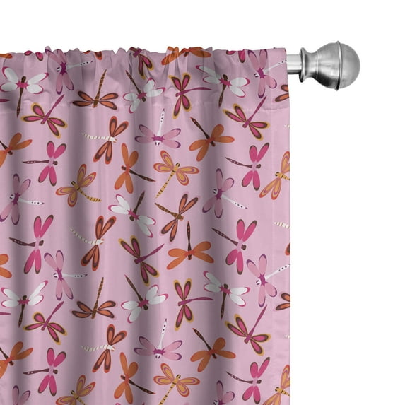 Ambesonne Retro Window Curtains, Flying Dragonflies Pattern, Each 28" W x 95" L, Pale Pink Orange Hot Pink