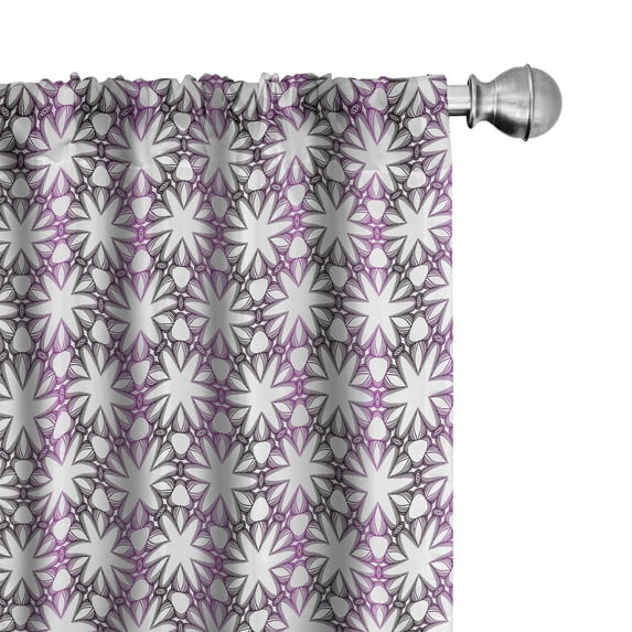 Ambesonne Retro Window Curtains, Geometric Floral Lines Motifs, Each 28" W x 95" L, Pale Purple and Charcoal Grey