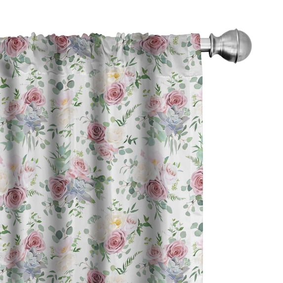 Ambesonne Retro Window Curtains, Roses Eucalyptus Leaves Art, Each 28" W x 84" L, Pale Ruby Reseda Green