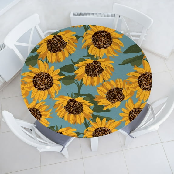 Ambesonne Retro Autumn Fitted Round Tablecloth, Sunflowers Vintage Art, 40"- 44" Diameter, Earth Yellow and Olive Green