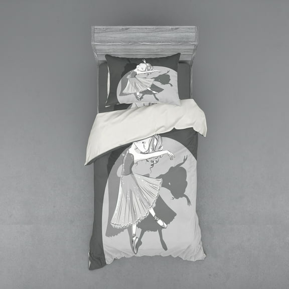 Ambesonne Retro Bedding Set 3 Pcs, Ballerina Girl Shadow, Twin, Pale Grey and Grey