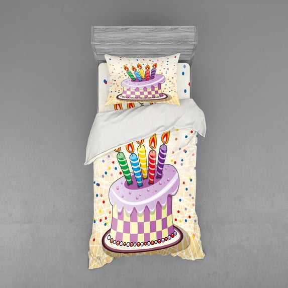 Ambesonne Retro Bedding Set 3 Pcs, Cake Candles Dots Stars, Twin XL, Multicolor