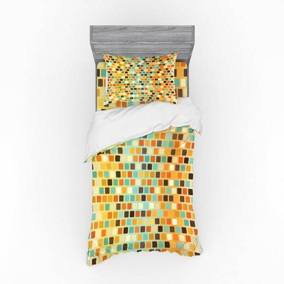 Ambesonne Retro Bedding Set 3 Pcs, Checkered Square Wall, Twin, Multicolor