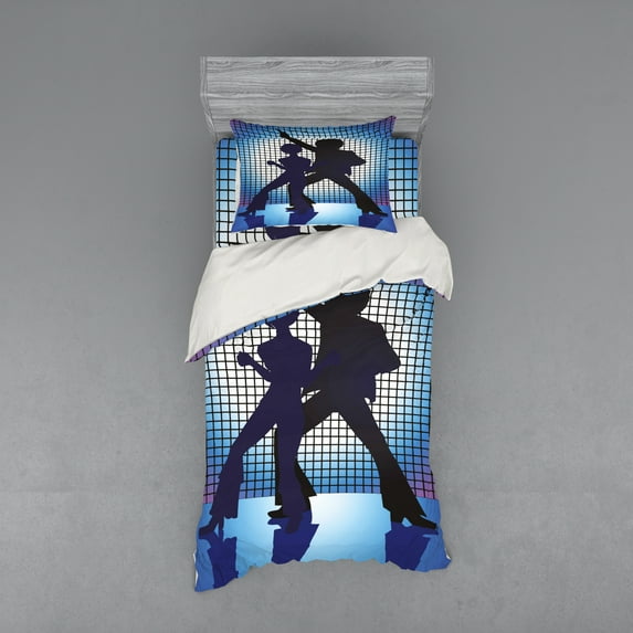 Ambesonne Retro Bedding Set 3 Pcs, Couple Dance Floor Fun, Twin XL, Blue Purple Black