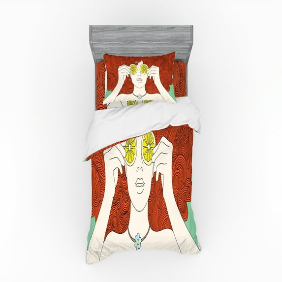 Ambesonne Retro Bedding Set 3 Pcs, Curly Ginger Hair Girl Lemon, Twin XL, Multicolor