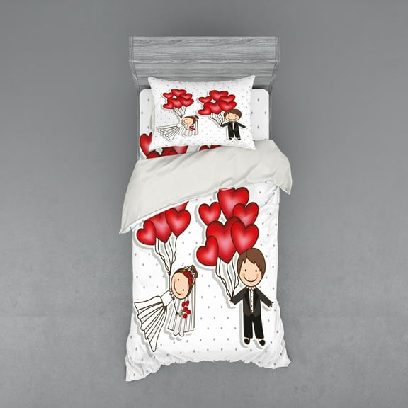 Ambesonne Retro Bedding Set 3 Pcs, Funny Newlyweds Balloons, Twin XL, Red White Black