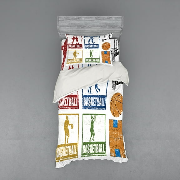 Ambesonne Retro Bedding Set 3 Pcs, Grunge Basketball Sport, Twin XL, Navy Green Red