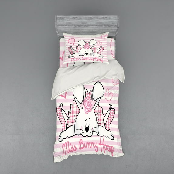 Ambesonne Retro Bedding Set 3 Pcs, Miss Bunny Hoop Love, Twin XL, Pale Pink White