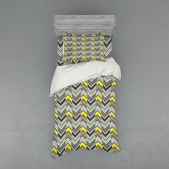 Ambesonne Retro Bedding Set 3 Pcs, Nostalgic Abstract Zigzags, Twin, Yellow Ivory and Grey