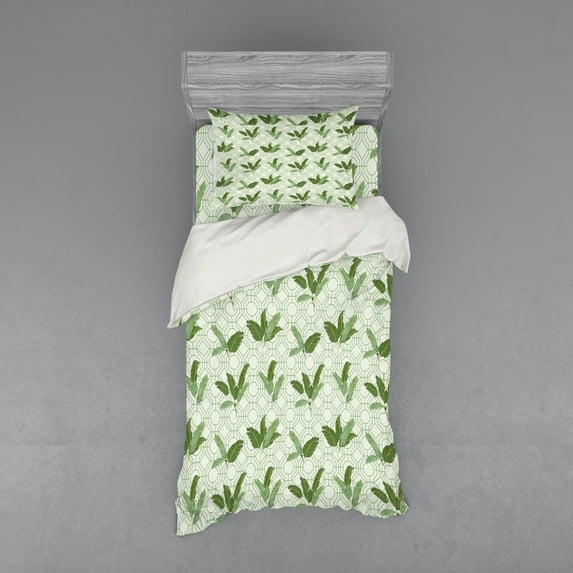 Ambesonne Retro Bedding Set 3 Pcs, Palm Leaves Geometric, Twin XL, Olive Green Cream