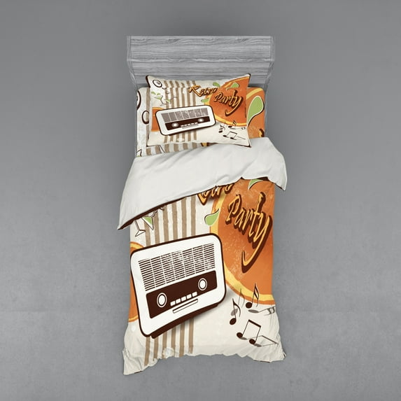 Ambesonne Retro Bedding Set 3 Pcs, Party Art with Old Radio, Twin, Orange Dark Brown Beige