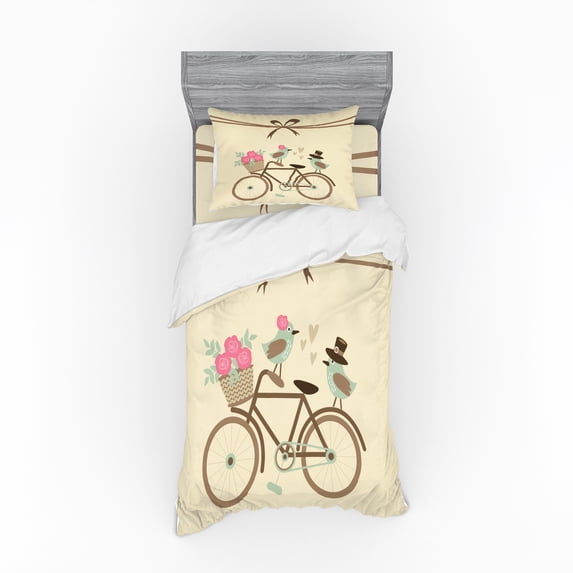 Ambesonne Retro Bedding Set 3 Pcs, Romantic Bird Couple, Twin XL, Multicolor