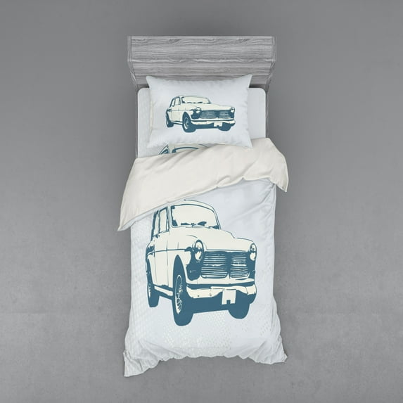 Ambesonne Retro Bedding Set 3 Pcs, Vintage Car Silhouette Art, Twin XL, Slate Blue and Pale Blue