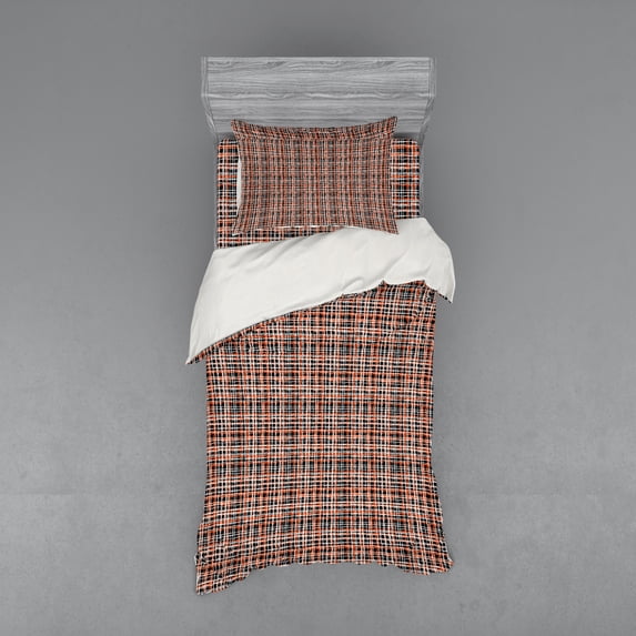 Ambesonne Retro Bedding Set 3 Pcs, Vintage Striped Grid Art, Twin, Black Orange White