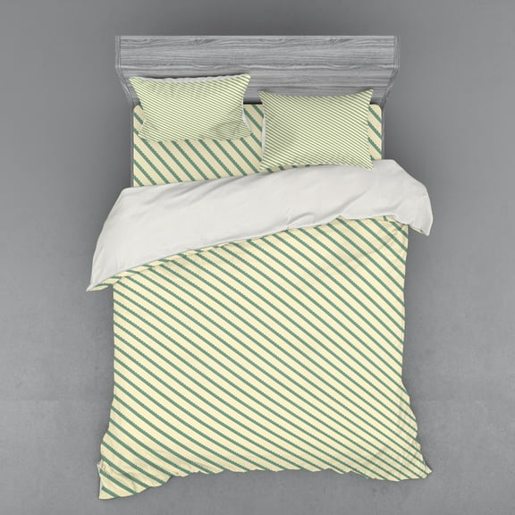 Ambesonne Retro Bedding Set 4 Pcs, Bias Green Stripes, Queen, Jade Green and Cream
