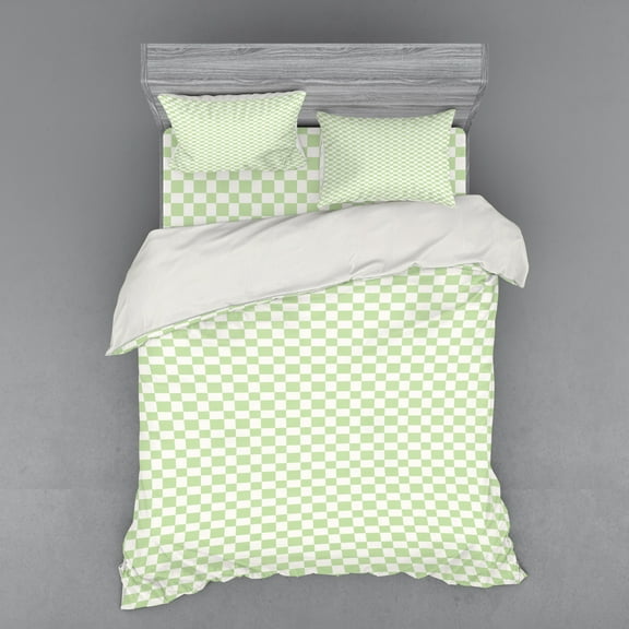 Ambesonne Retro Bedding Set 4 Pcs, Big Little Squares Tile, Queen, Lime Green White