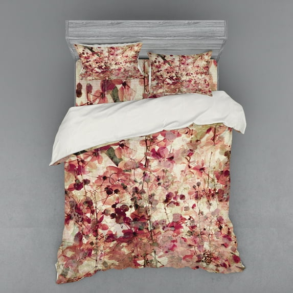 Ambesonne Retro Bedding Set 4 Pcs, Cherry Blossoms Floral, Queen, Beige and Pink