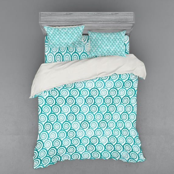 Ambesonne Retro Bedding Set 4 Pcs, Flat Design Sea Waves, Queen, Teal Turquoise and White
