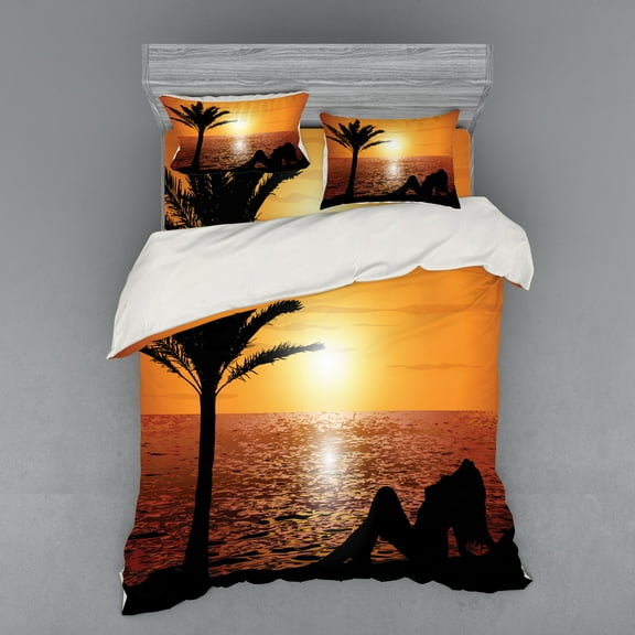 Ambesonne Retro Bedding Set 4 Pcs, Girl Tropic Beach with Sunset, Queen, Orange Black