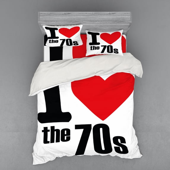 Ambesonne Retro Bedding Set 4 Pcs, I Love the 70s Pictogram, Queen, Red Black White