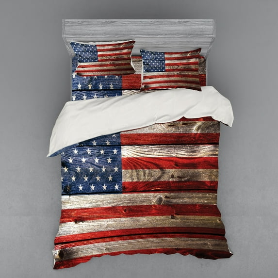 Ambesonne Retro Bedding Set 4 Pcs, Independence Day Wall, Queen, Red Blue Tan