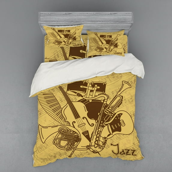 Ambesonne Retro Bedding Set 4 Pcs, Jazz Music Equipments, Queen, Cream Brown