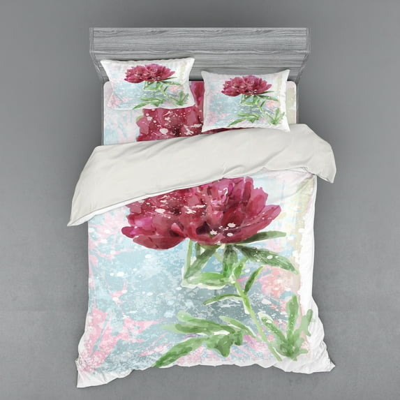Ambesonne Retro Bedding Set 4 Pcs, Peony Blossoms Growth, Queen, Fern Green Pale Blue