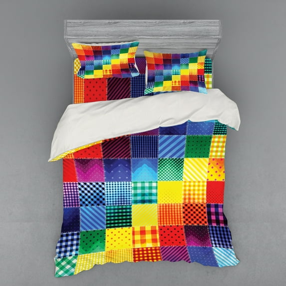 Ambesonne Retro Bedding Set 4 Pcs, Rainbow Retro Patchwork, Queen, Multicolor