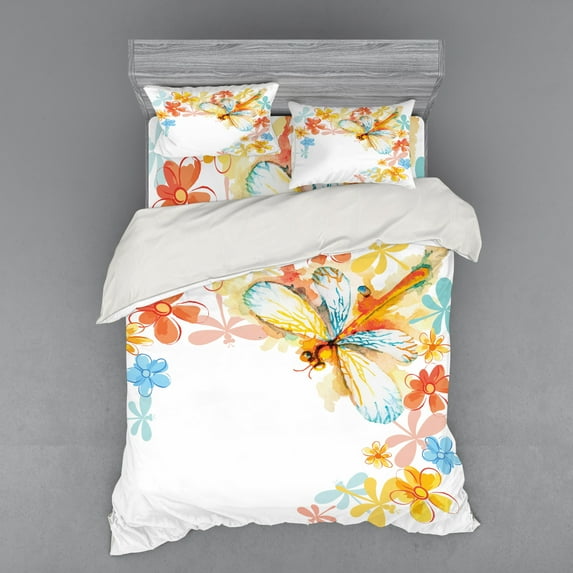 Ambesonne Retro Bedding Set 4 Pcs, Vintage Spring Dragonfly, Queen, Multicolor