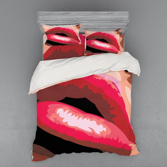 Ambesonne Retro Bedding Set 4 Pcs, Woman Red Lips Charming Mouth, Queen, Coral and Tan