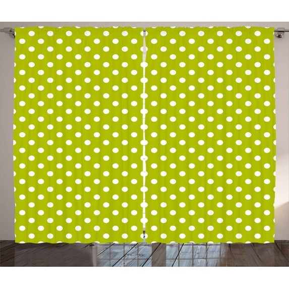 Ambesonne Retro Curtains 2 Panel Set, Lime Vintage Polka Dots, 108" x 63", Lime Green and White