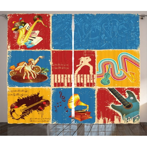Ambesonne Retro Curtains 2 Panel Set, Music Jazz Grunge Boho, 108" x 90", Multicolor