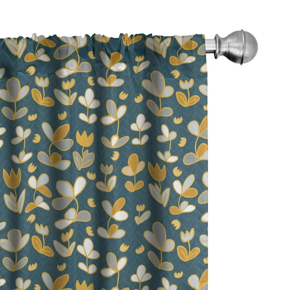 Ambesonne Retro Curtains, Flowers Leaves Zigzag Art, Pair of 28"x95", Earth Yellow Slate Blue