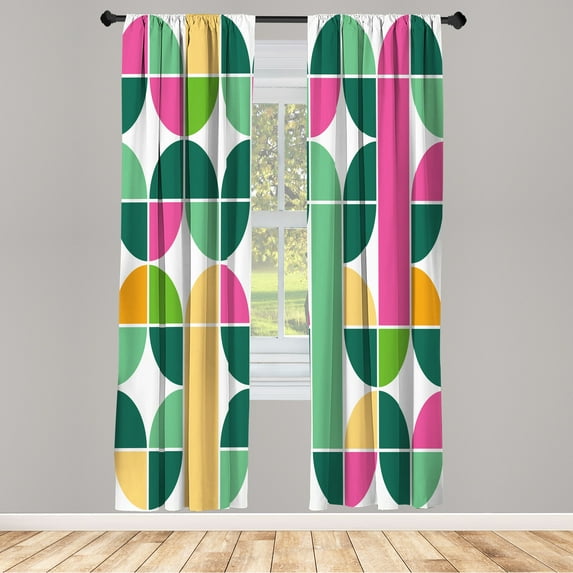 Ambesonne Retro Curtains, Pop Art Funky Geometric Art, Pair of 28"x63", Pink Green