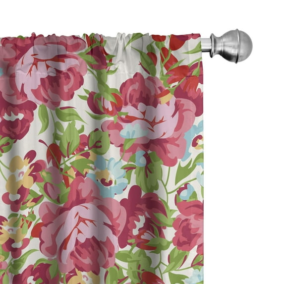 Ambesonne Retro Curtains, Red Roses Leaves Plain Back, Pair of 28"x84", Dark Pink Fern Green