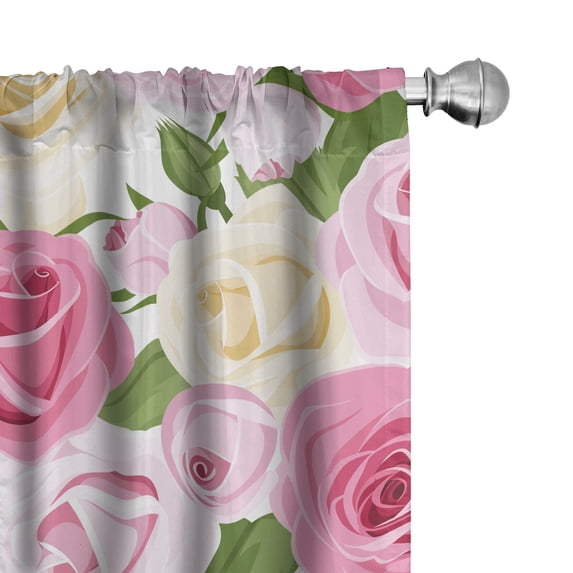 Ambesonne Retro Curtains, Roses Leaves Vintage Plot, Pair of 28"x95", Pale Pink Reseda Green