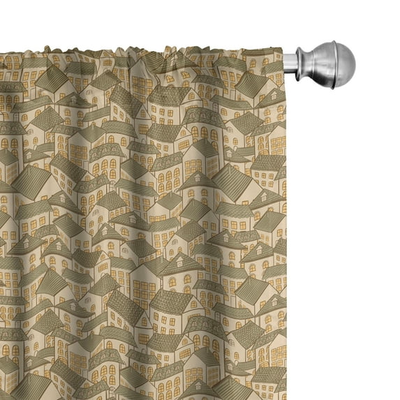 Ambesonne Retro Curtains, Village Town Houses Roofs, Pair of 28"x95", Reseda Green Sand Brown