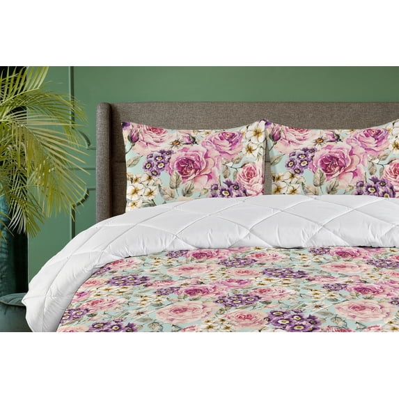 Ambesonne Retro Down Alternative Quilt Comforter, Flowers Pattern Watercolor, Queen, Eggplant Earth Yellow