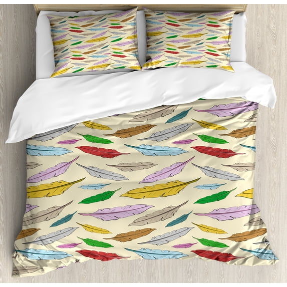 Ambesonne Retro Duvet Cover Set, Bohemian Feathers Pattern, 2-Calking, Eggshell and Multicolor