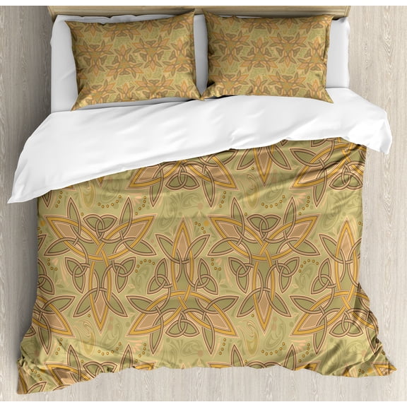 Ambesonne Retro Duvet Cover Set, Celtic Pattern Sacred Shapes, King, Khaki and Warm Taupe