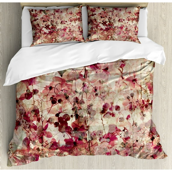 Ambesonne Retro Duvet Cover Set, Cherry Blossoms Floral, King, Beige and Pink