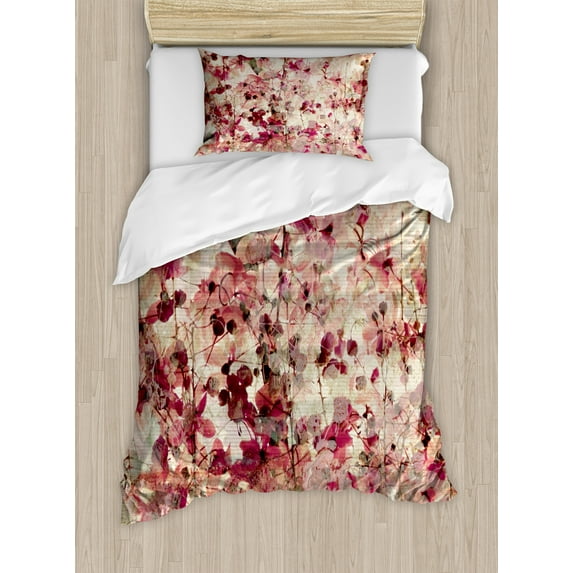 Ambesonne Retro Duvet Cover Set, Cherry Blossoms Floral, Twin, Beige and Pink