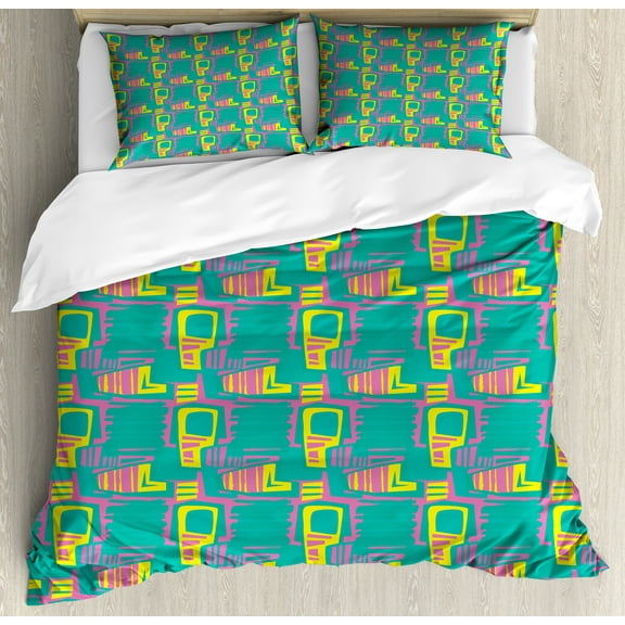 Ambesonne Retro Duvet Cover Set, Colorful Whimsical Shapes, Calking, Green Pale Fuchsia and Yellow