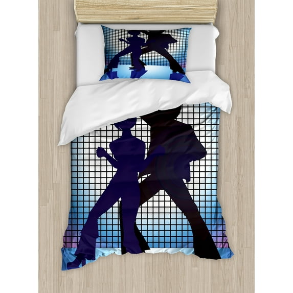 Ambesonne Retro Duvet Cover Set, Couple Dance Floor Fun, Twin, Blue Purple Black