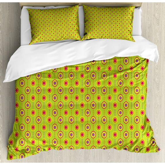 Ambesonne Retro Duvet Cover Set, Dash Lines and Nested Circles, 2-Calking, Apple Green and Fuchsia